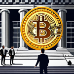 **Image of Central Bank and Digital Currency Interaction**: Create an illustration depicting a central bank building with digital currency symbols (like Bitcoin, Ethereum) floating around it. Show bank officials discussing regulations and frameworks with tech startups, emphasizing collaboration in a modern financial landscape.