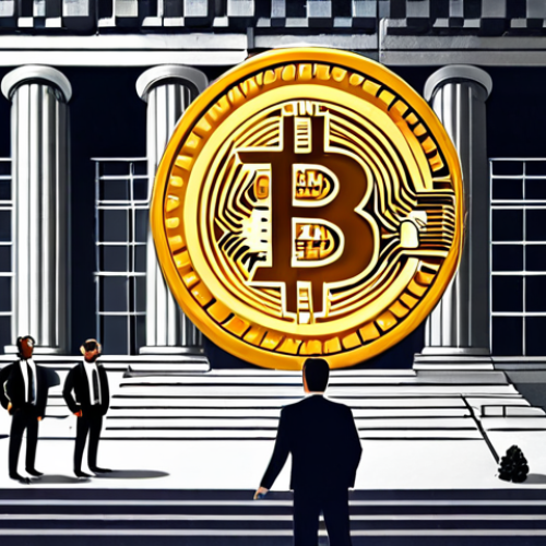 **Image of Central Bank and Digital Currency Interaction**: Create an illustration depicting a central bank building with digital currency symbols (like Bitcoin, Ethereum) floating around it. Show bank officials discussing regulations and frameworks with tech startups, emphasizing collaboration in a modern financial landscape.