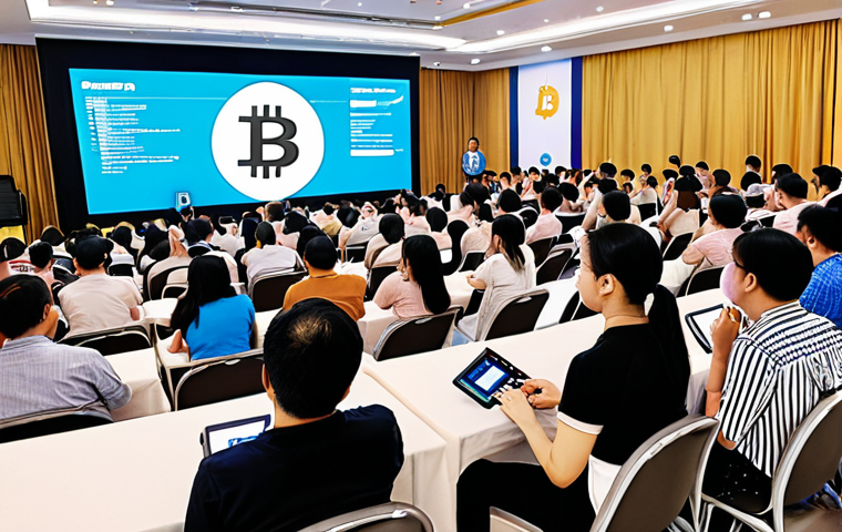 **
A vibrant and diverse group of Vietnamese people attending a free cryptocurrency seminar in Ho Chi Minh City. The speaker is presenting on a large screen displaying the Bitcoin logo alongside the Vietnamese Dong symbol. The atmosphere is engaging, with attendees actively taking notes and asking questions. Focus on conveying accessibility and ease of understanding.
**